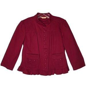 MOTTO - Cranberry Red Cotton Ruffle Hem Jacket Covered Button-snaps - Size Small
